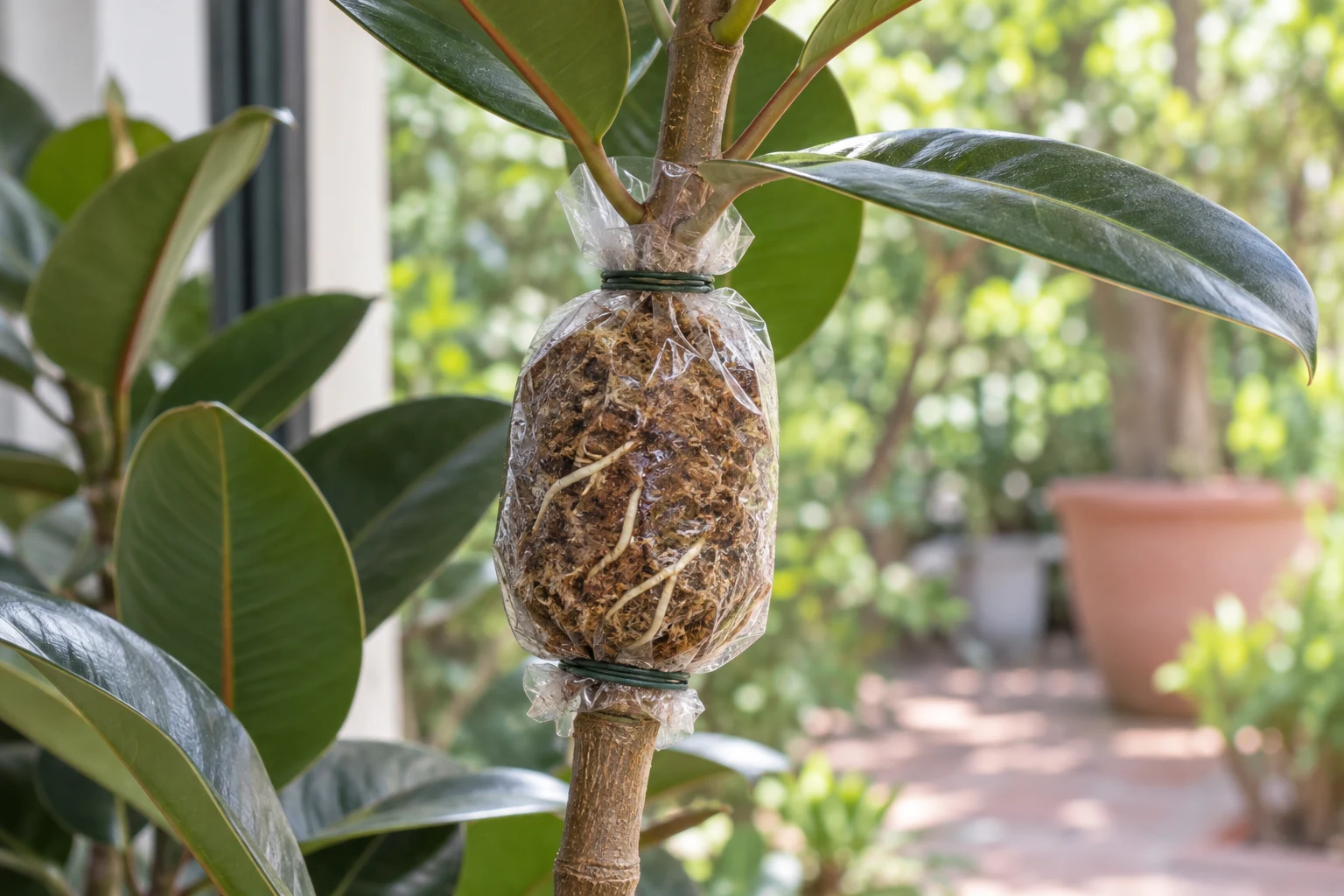 Acodo aéreo en un ficus con musgo alrededor del tallo que sigue unido a la planta