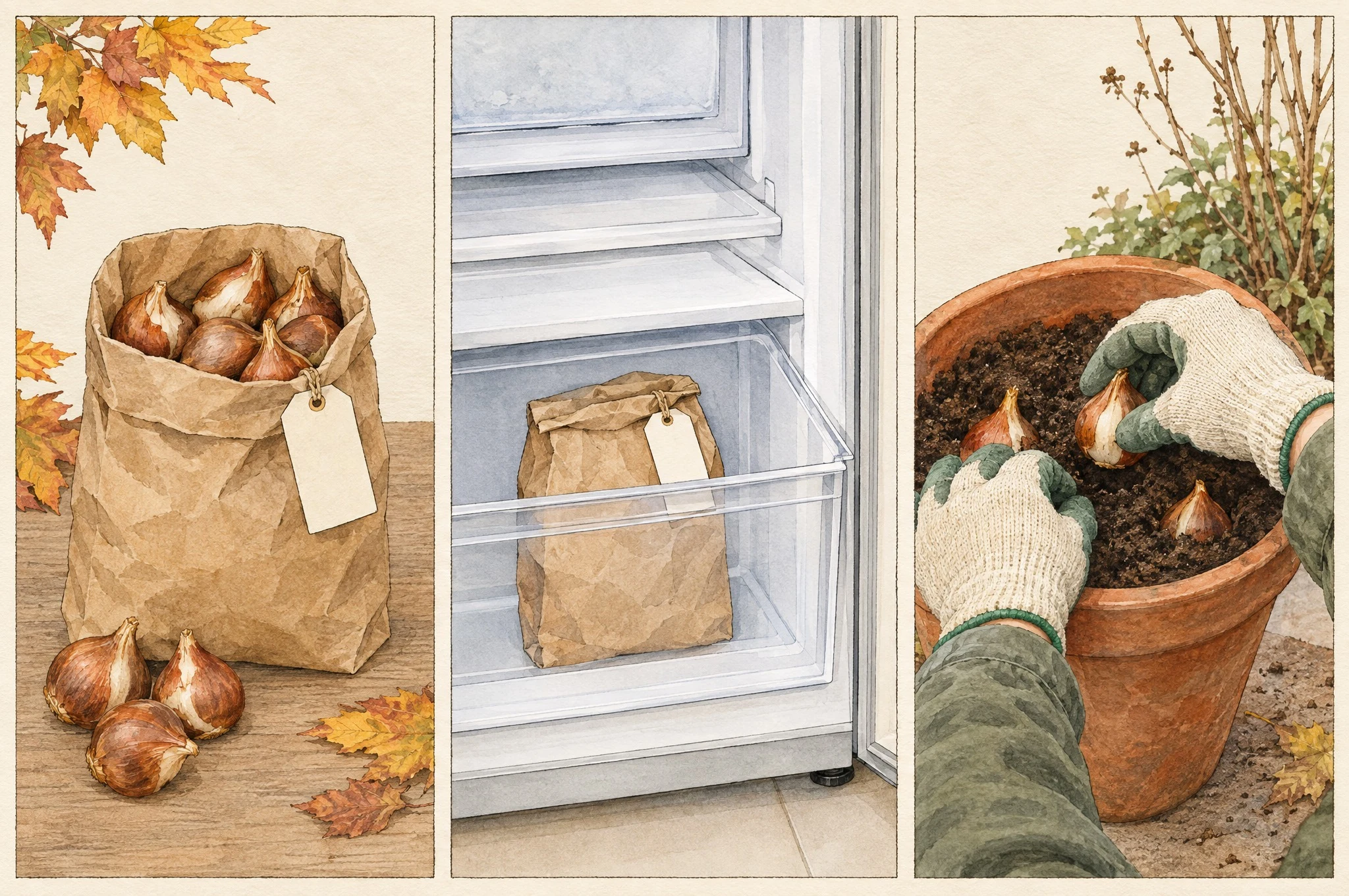 Ilustración de bulbos en bolsa de papel, enfriamiento en refrigerador y plantación con guantes