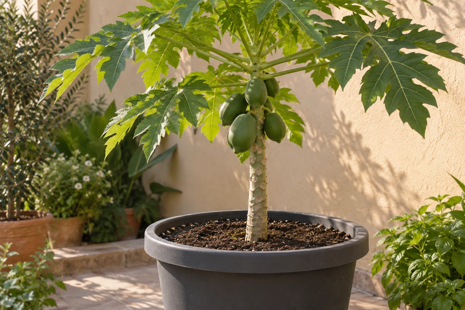 Papaya joven de hojas palmeadas en una maceta amplia de terraza cálida