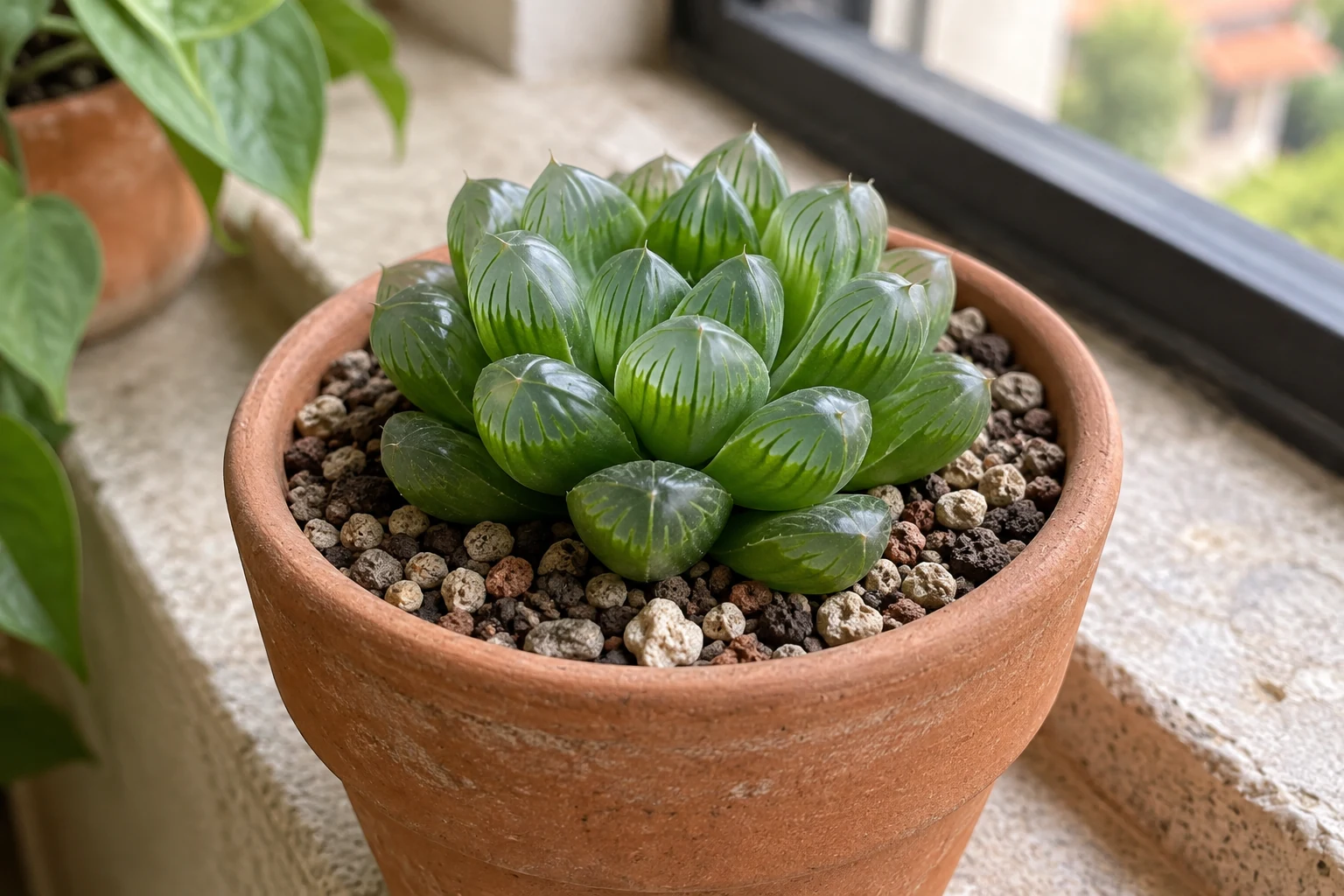 Haworthia de hojas con puntas translúcidas en una maceta junto a una ventana
