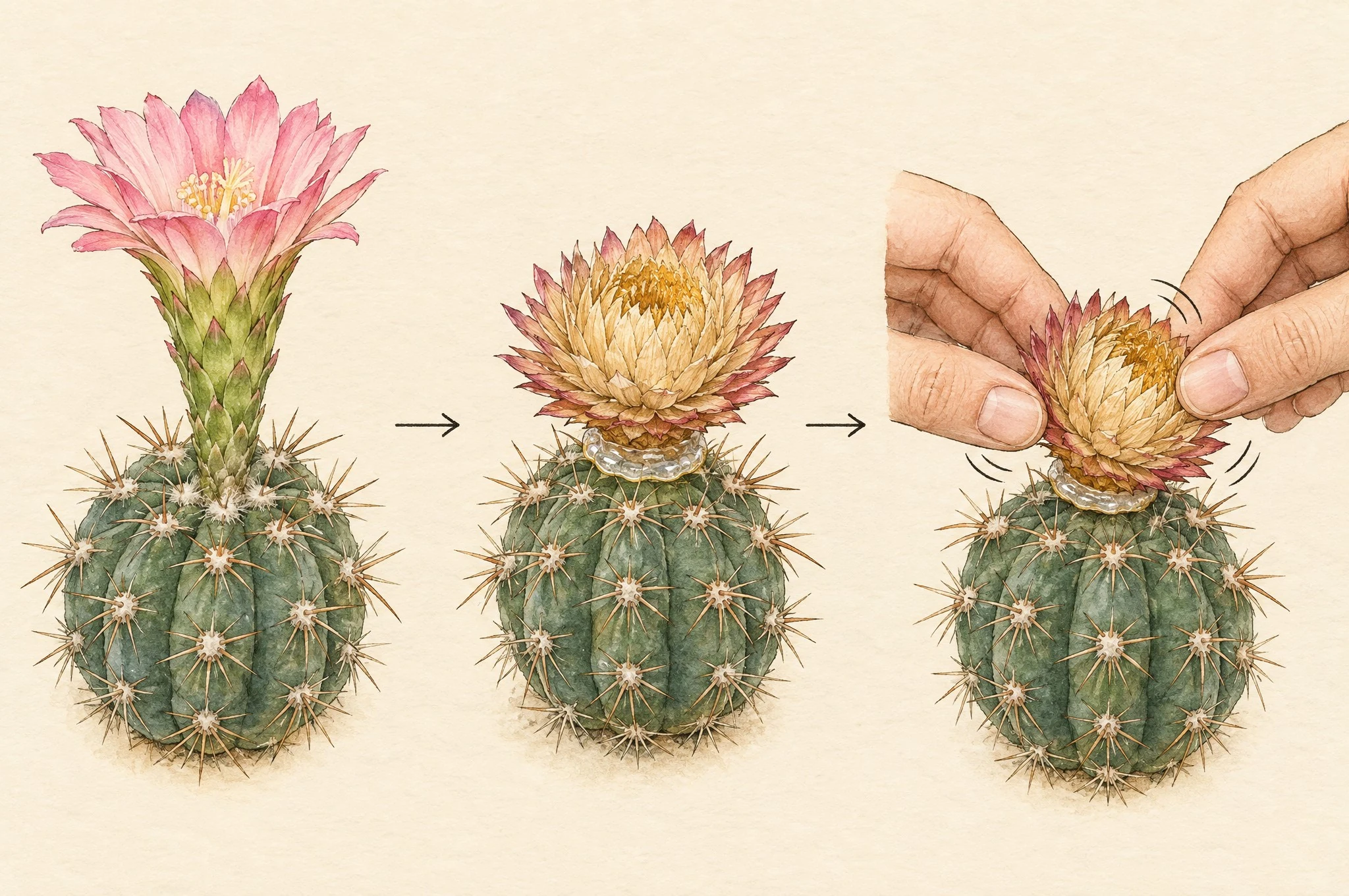 Ilustración que compara la unión de una flor real y una flor pegada sobre un cactus