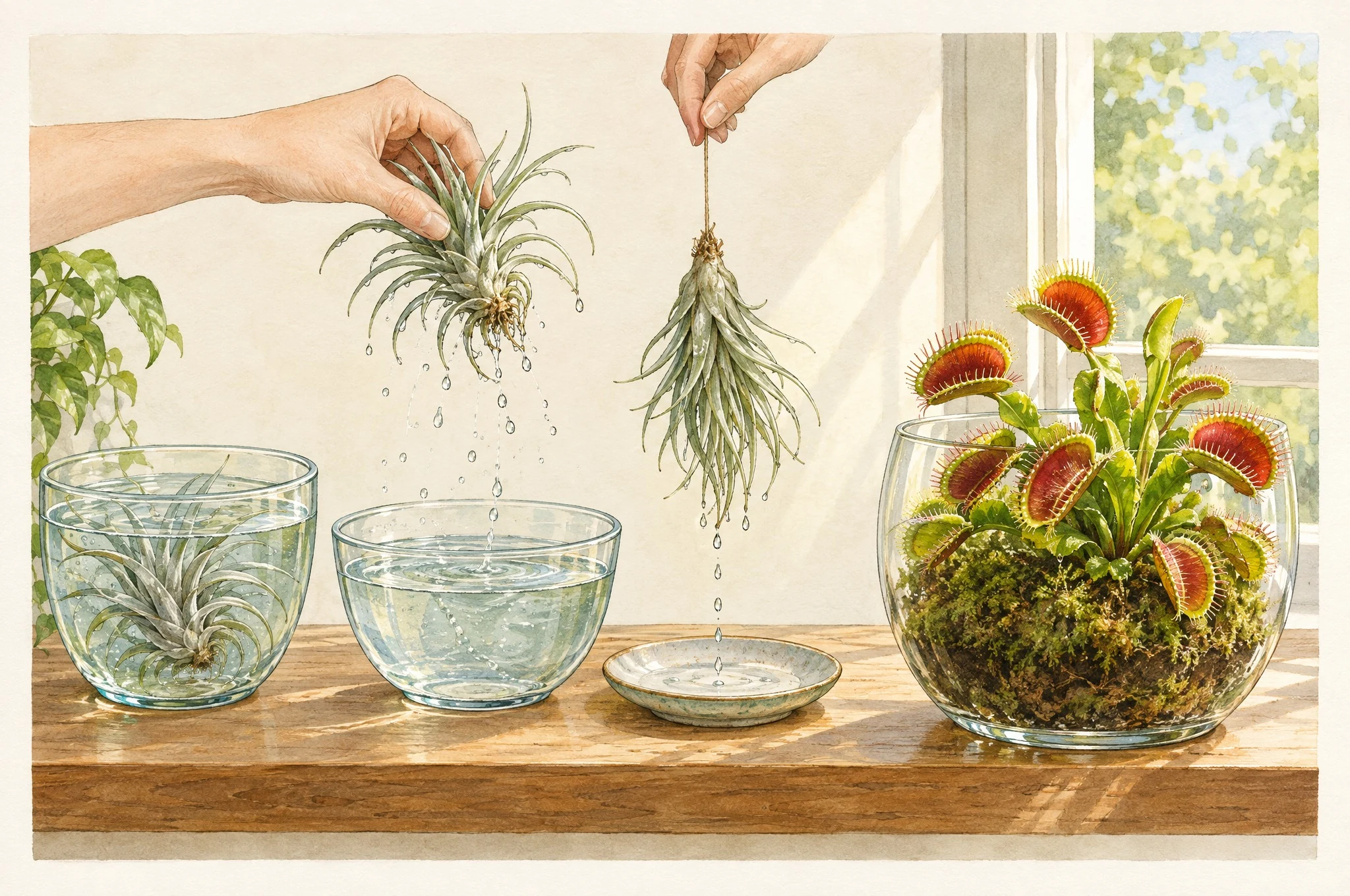 Ilustración del baño y escurrido de una tillandsia, junto a una venus atrapamoscas en recipiente abierto