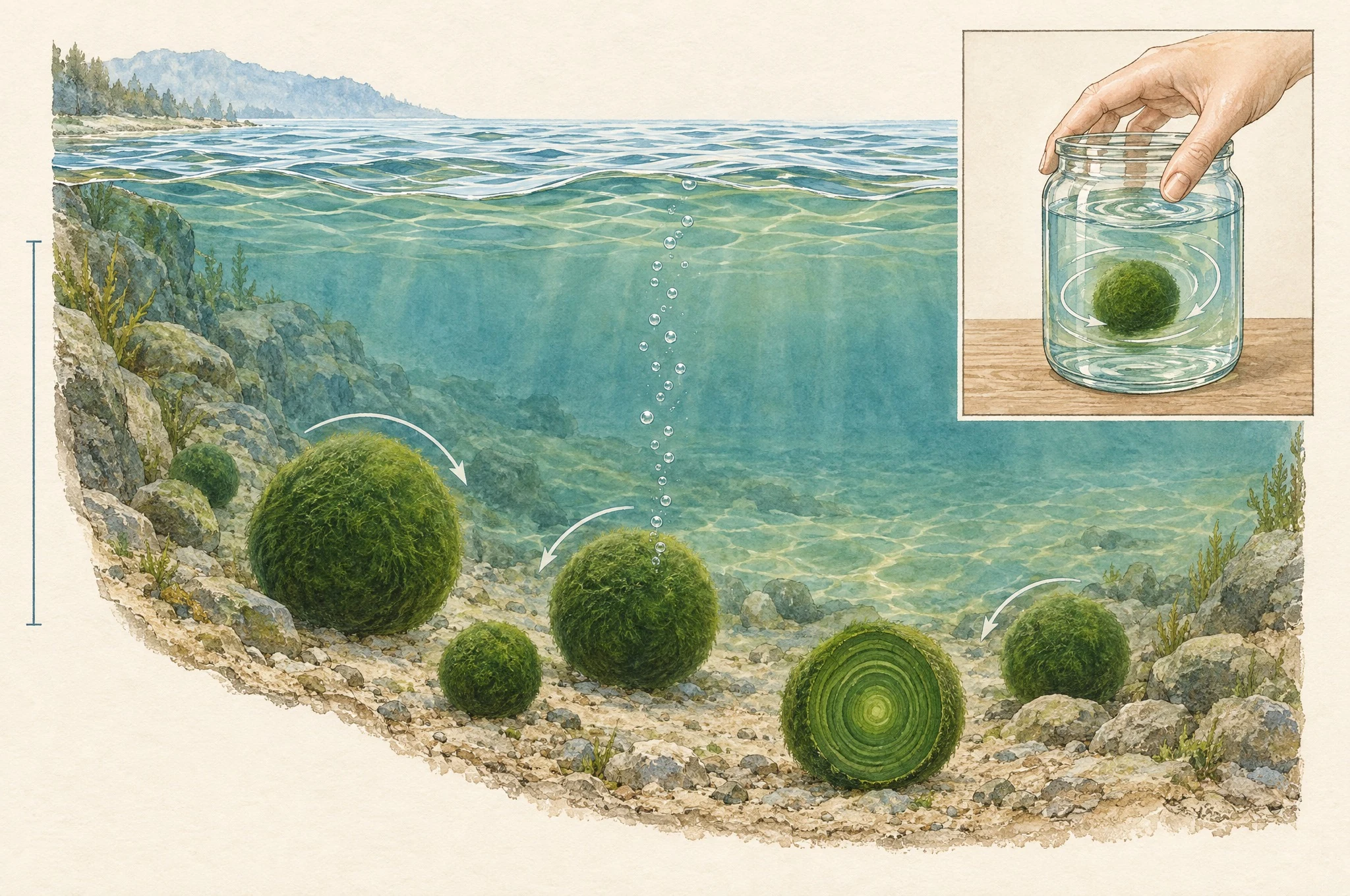 Ilustración de bolas de marimo bajo el agua de un lago y del giro manual de una bola en su frasco