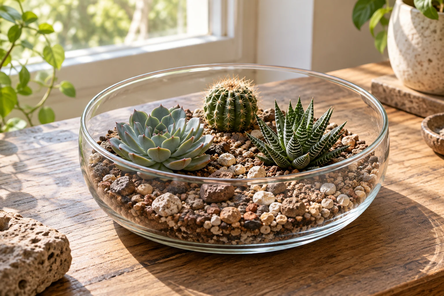 Terrario de boca ancha sin tapa con suculentas, un cactus y sustrato mineral visible