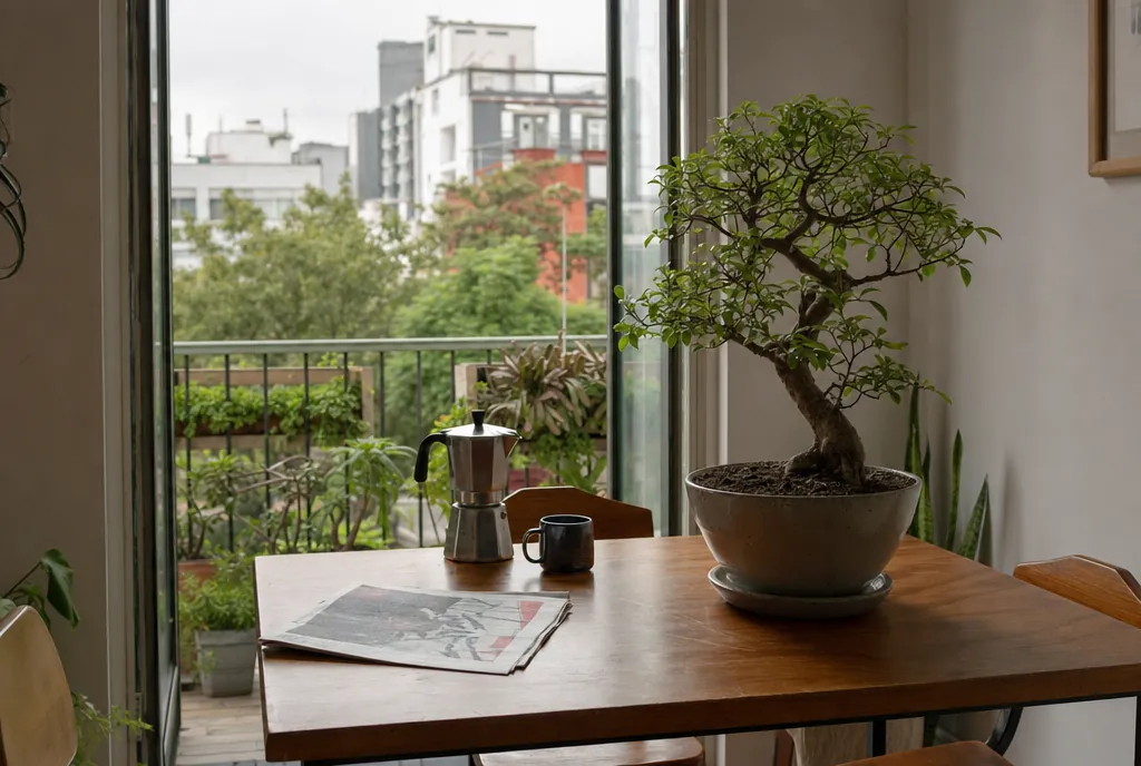 Una mesa junto a un balcón abierto con una cafetera, un periódico y un bonsái