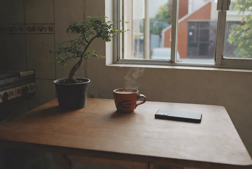 Una taza de café humeante, un teléfono y un bonsái en una mesa de madera junto a la ventana
