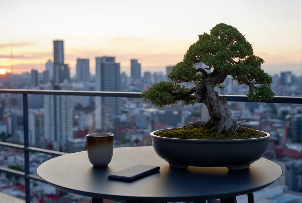 Un bonsái sobre una mesa de balcón con una taza y un teléfono, frente a la ciudad al atardecer