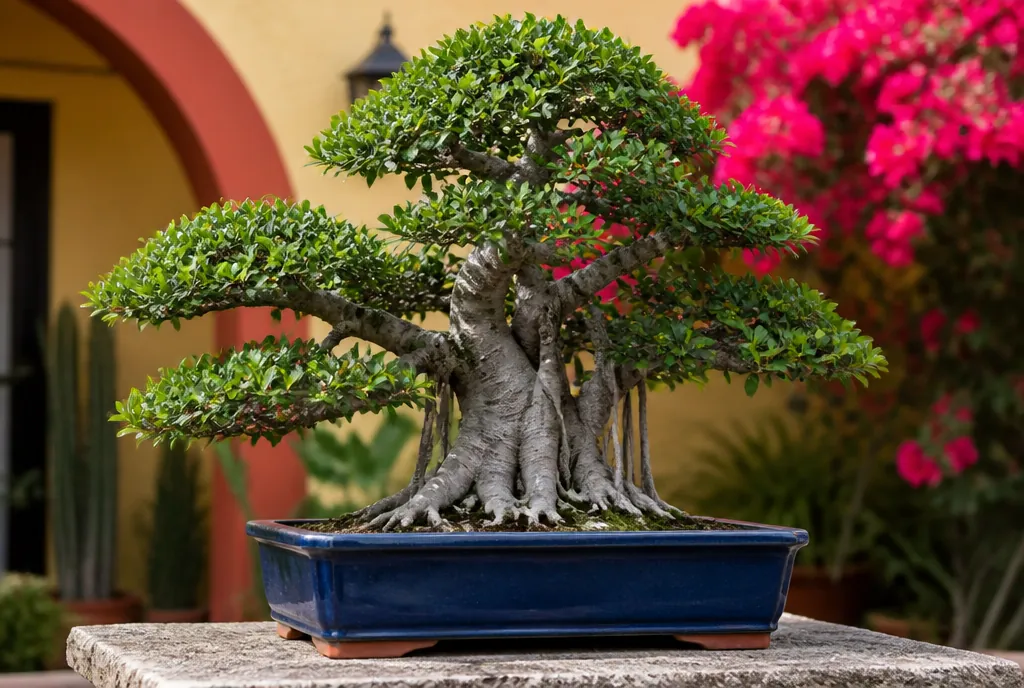 Un ficus en bonsái con raíces aéreas fundidas al tronco, en maceta azul, en una terraza con bugambilias