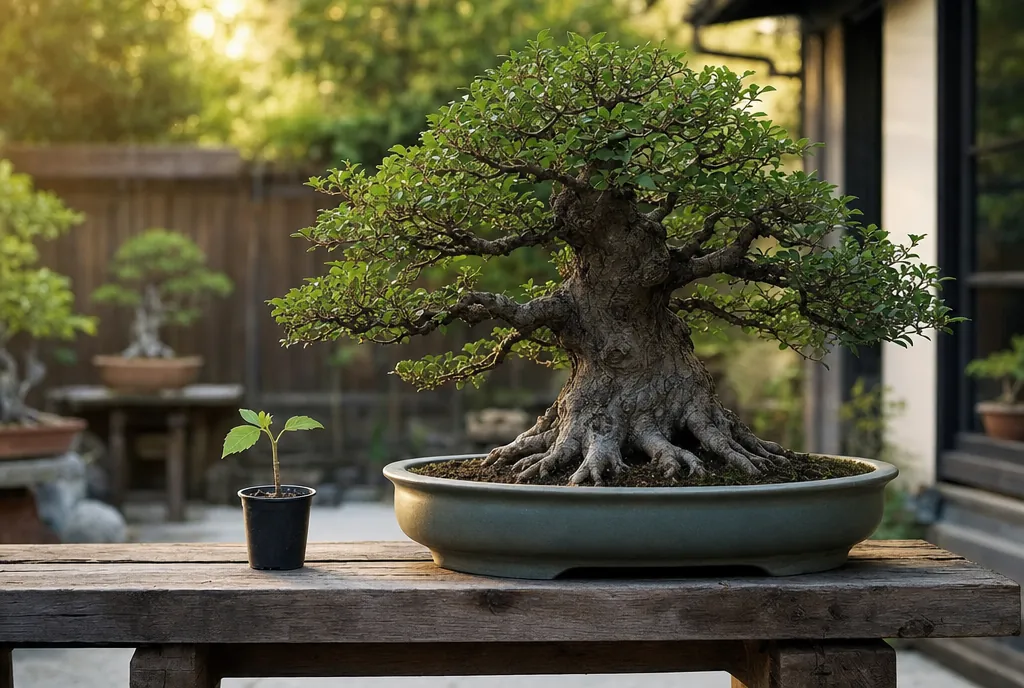 Un bonsái grande y viejo sobre una mesa de jardín a contraluz, con una plantita joven en maceta negra a su lado